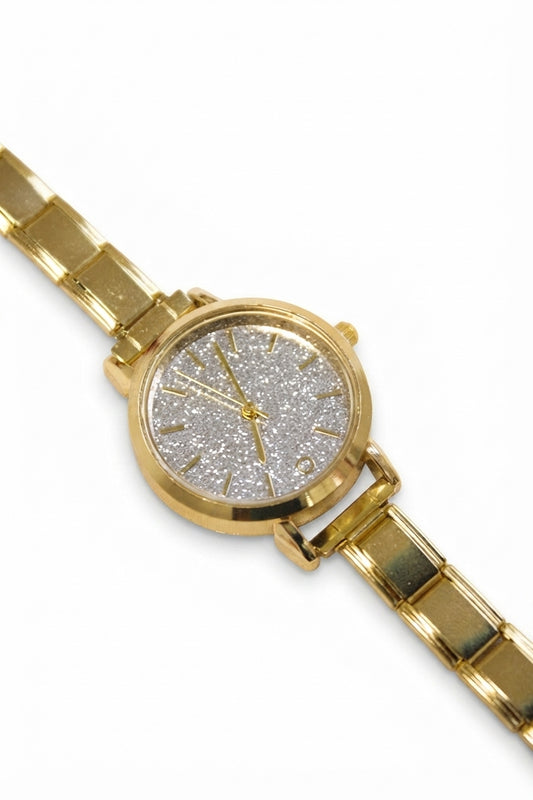 Gold Link Round Silver Glitter Dial Italian Watch