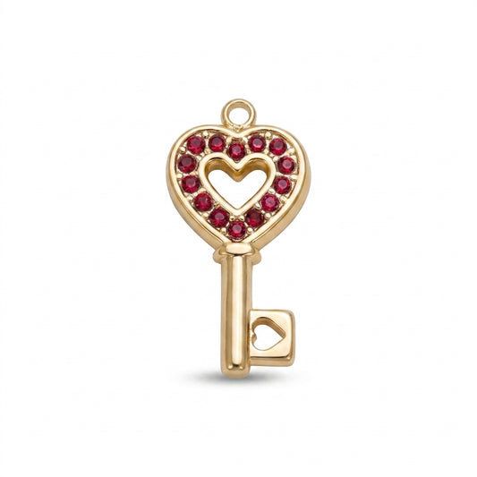 Gold Red Crystal Heart Key Charm