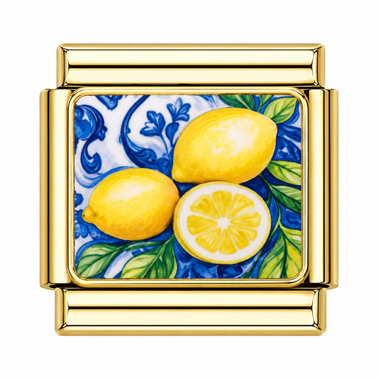 Lemons on Blue Pattern Italian Charm — Gold