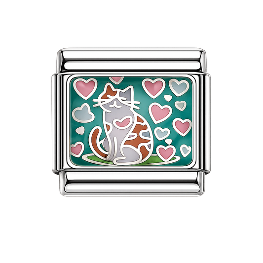 Orange and white cat with hearts on green background Italian Charm — Silver