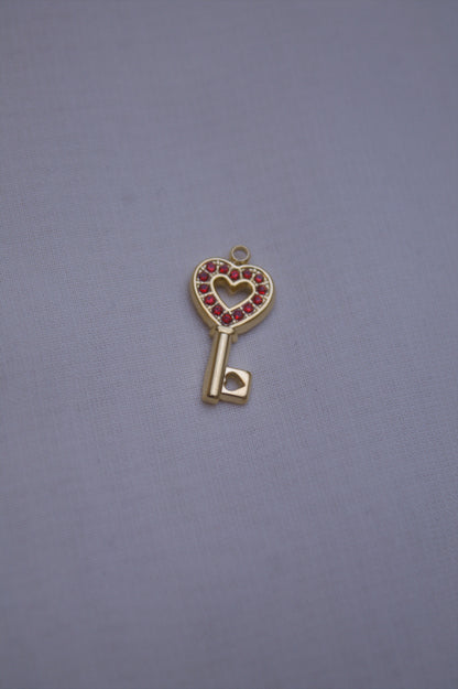 Gold Red Crystal Heart Key Charm