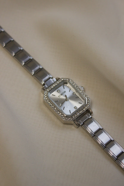 Silver Link Octagonal Crystal Bezel Silver Dial Italian Watch