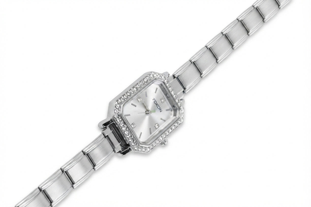 Silver Link Octagonal Crystal Bezel Silver Dial Italian Watch