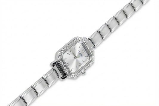 Silver Link Octagonal Crystal Bezel Silver Dial Italian Watch