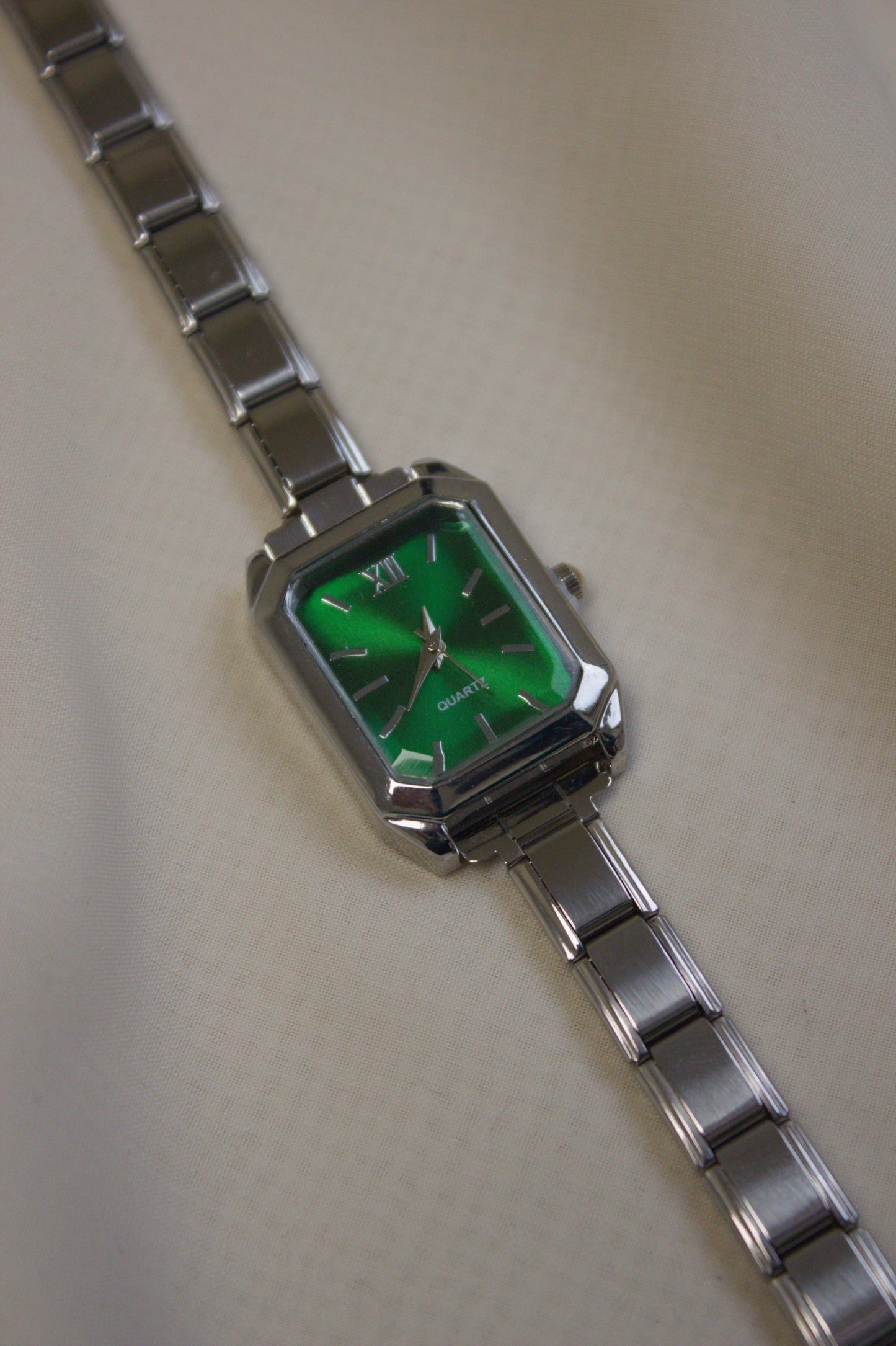 Silver Link Rectangular Emerald Green Dial Italian Watch