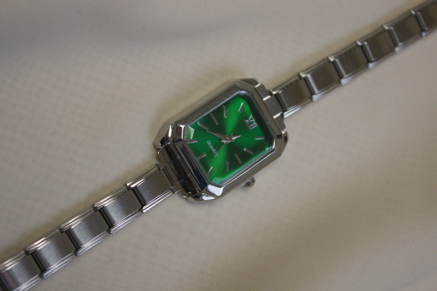 Silver Link Rectangular Emerald Green Dial Italian Watch