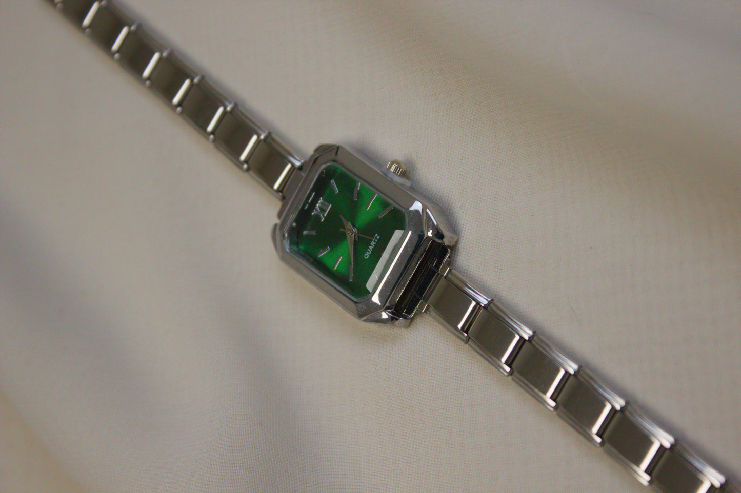 Silver Link Rectangular Emerald Green Dial Italian Watch