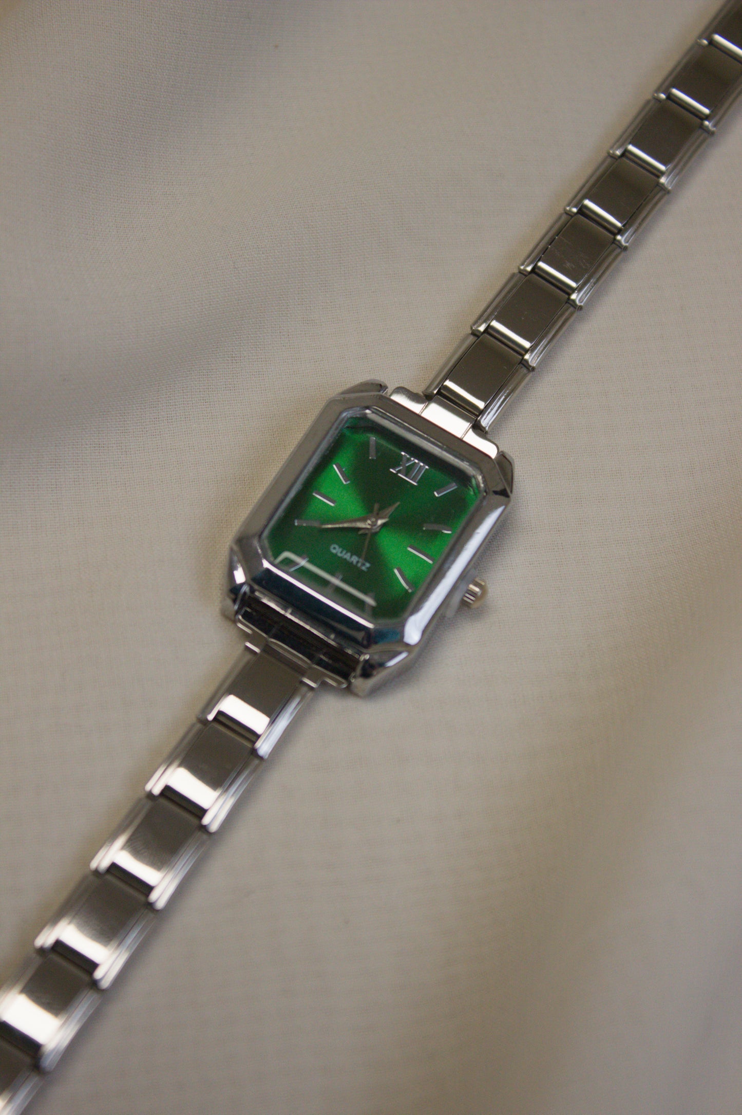 Silver Link Rectangular Emerald Green Dial Italian Watch