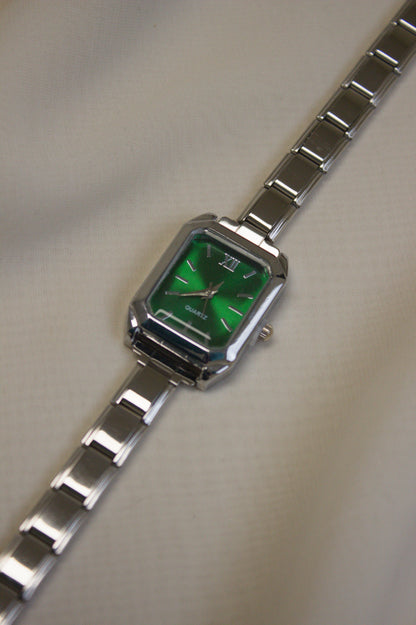 Silver Link Rectangular Emerald Green Dial Italian Watch