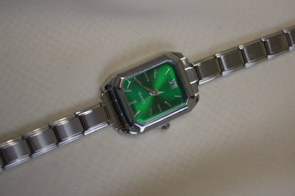 Silver Link Rectangular Emerald Green Dial Italian Watch