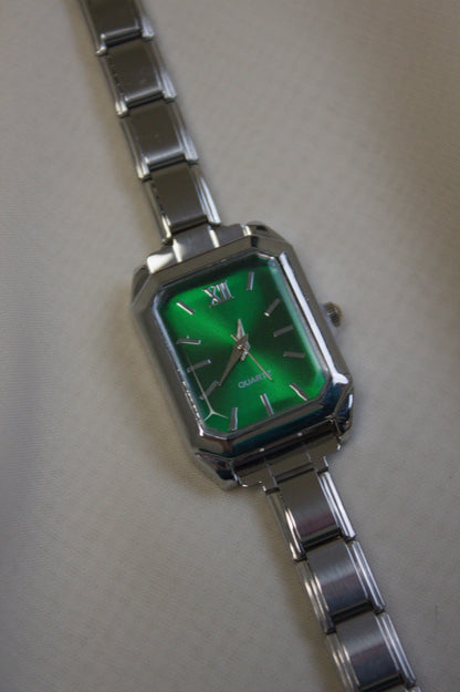 Silver Link Rectangular Emerald Green Dial Italian Watch