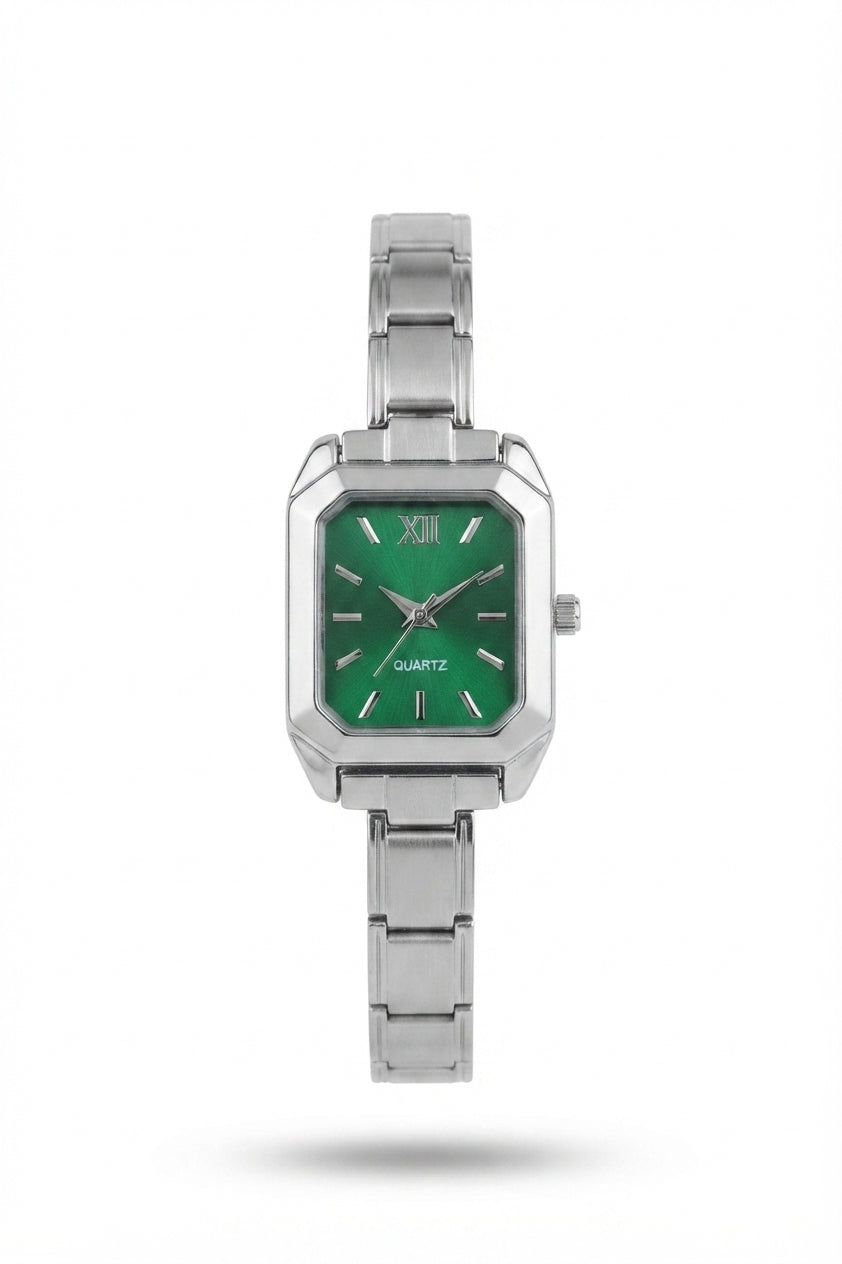 Silver Link Rectangular Emerald Green Dial Italian Watch