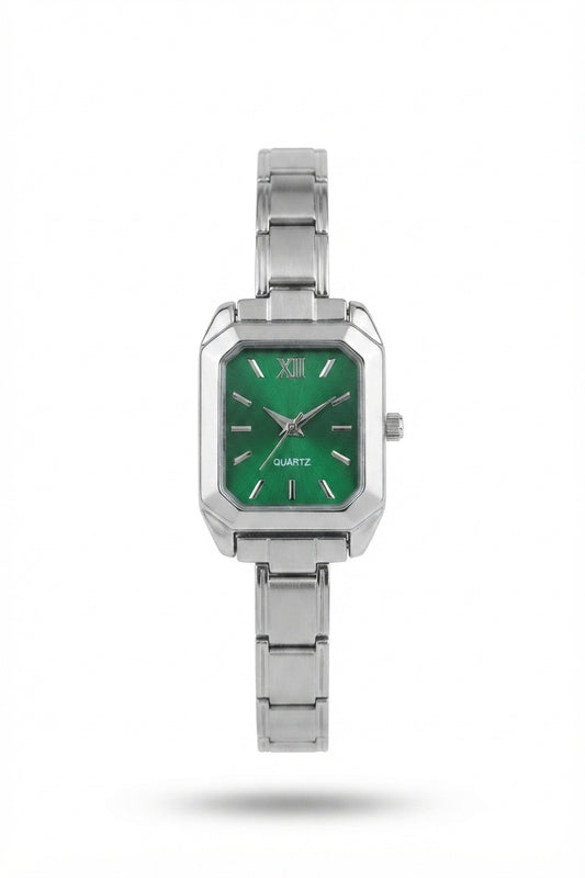 Silver Link Rectangular Emerald Green Dial Italian Watch