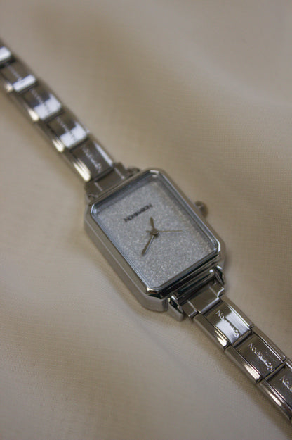 Silver Link Rectangular Glitter Dial Italian Watch