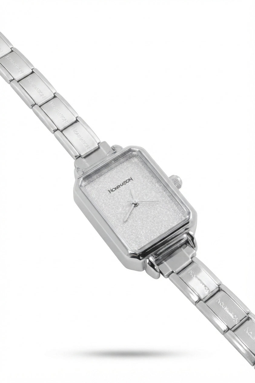 Silver Link Rectangular Glitter Dial Italian Watch