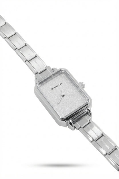 Silver Link Rectangular Glitter Dial Italian Watch
