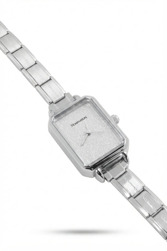 Silver Link Rectangular Glitter Dial Italian Watch