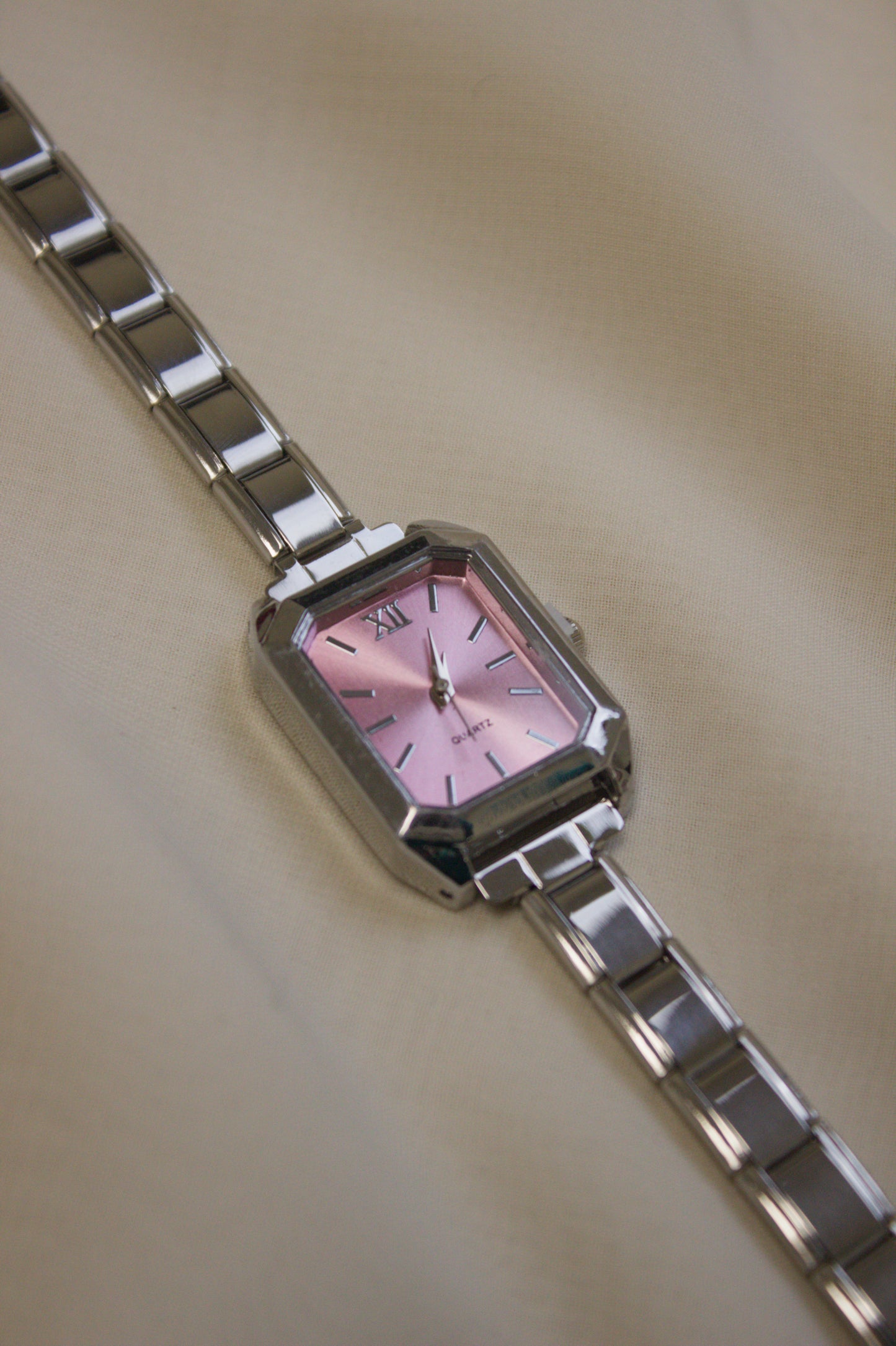 Silver Link Rectangular Pink Dial Italian Watch