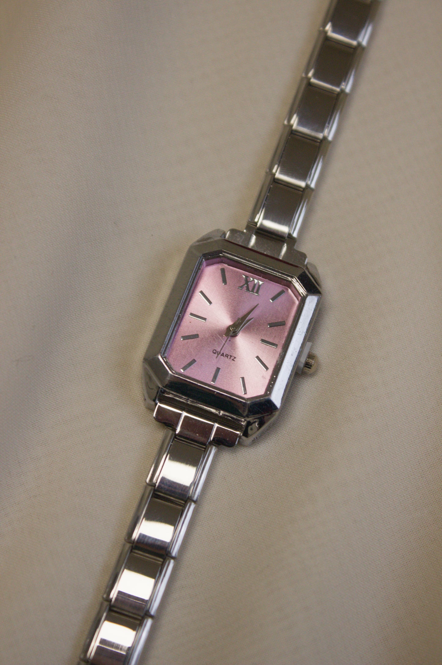 Silver Link Rectangular Pink Dial Italian Watch