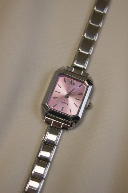 Silver Link Rectangular Pink Dial Italian Watch