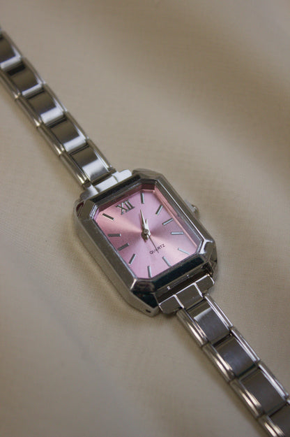 Silver Link Rectangular Pink Dial Italian Watch