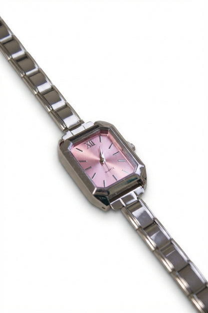 Silver Link Rectangular Pink Dial Italian Watch