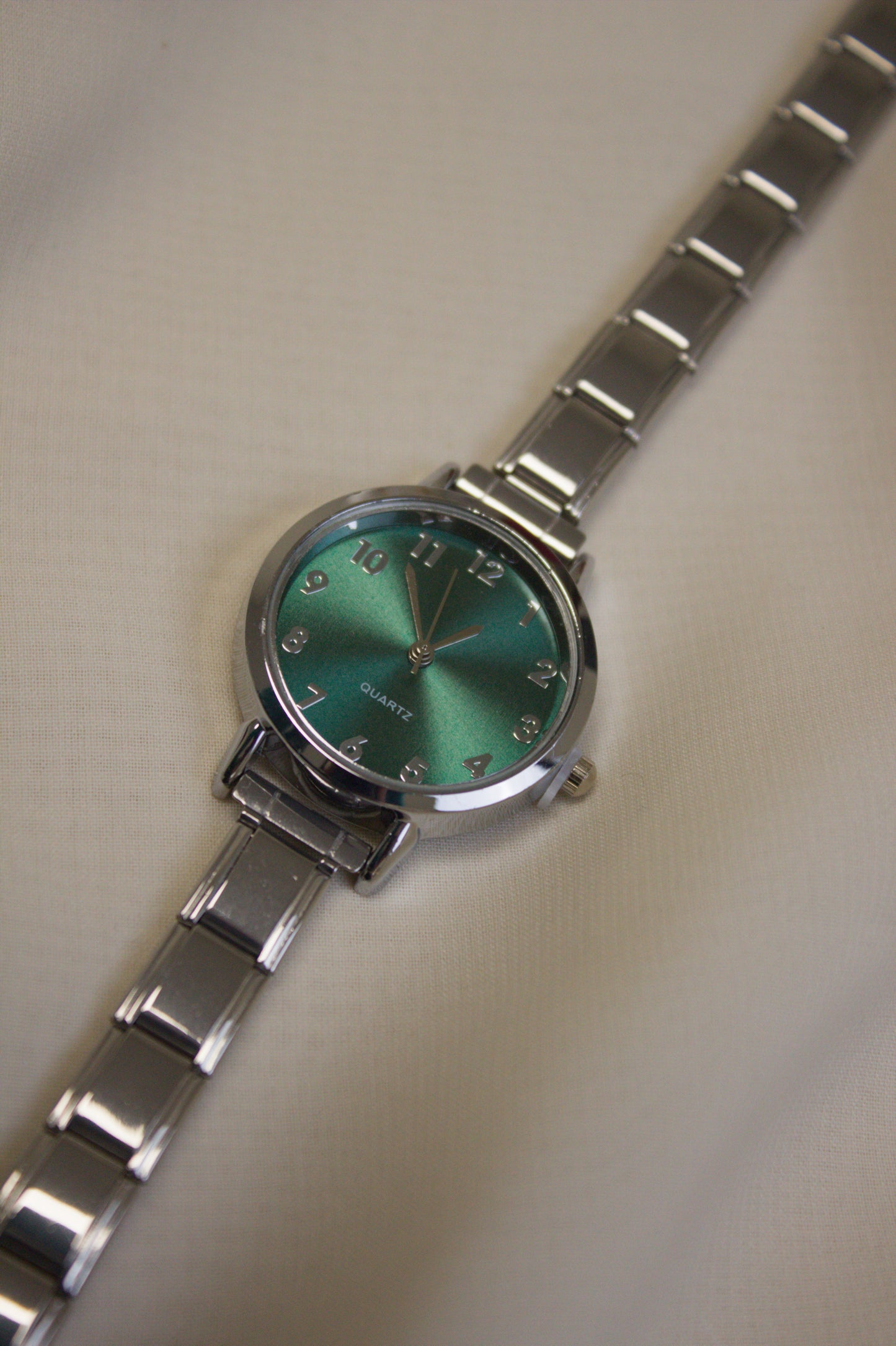 Silver Link Round Green Arabic Numeral Italian Watch