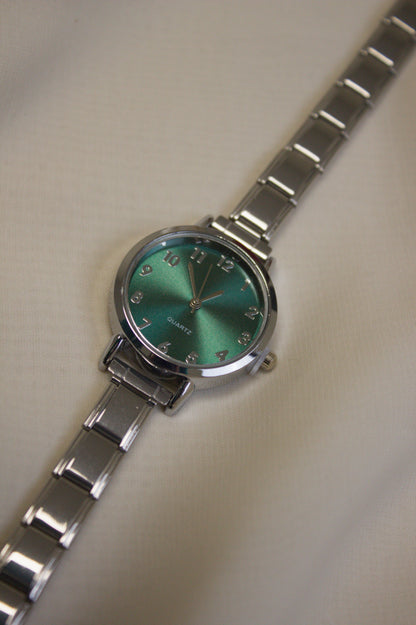 Silver Link Round Green Arabic Numeral Italian Watch