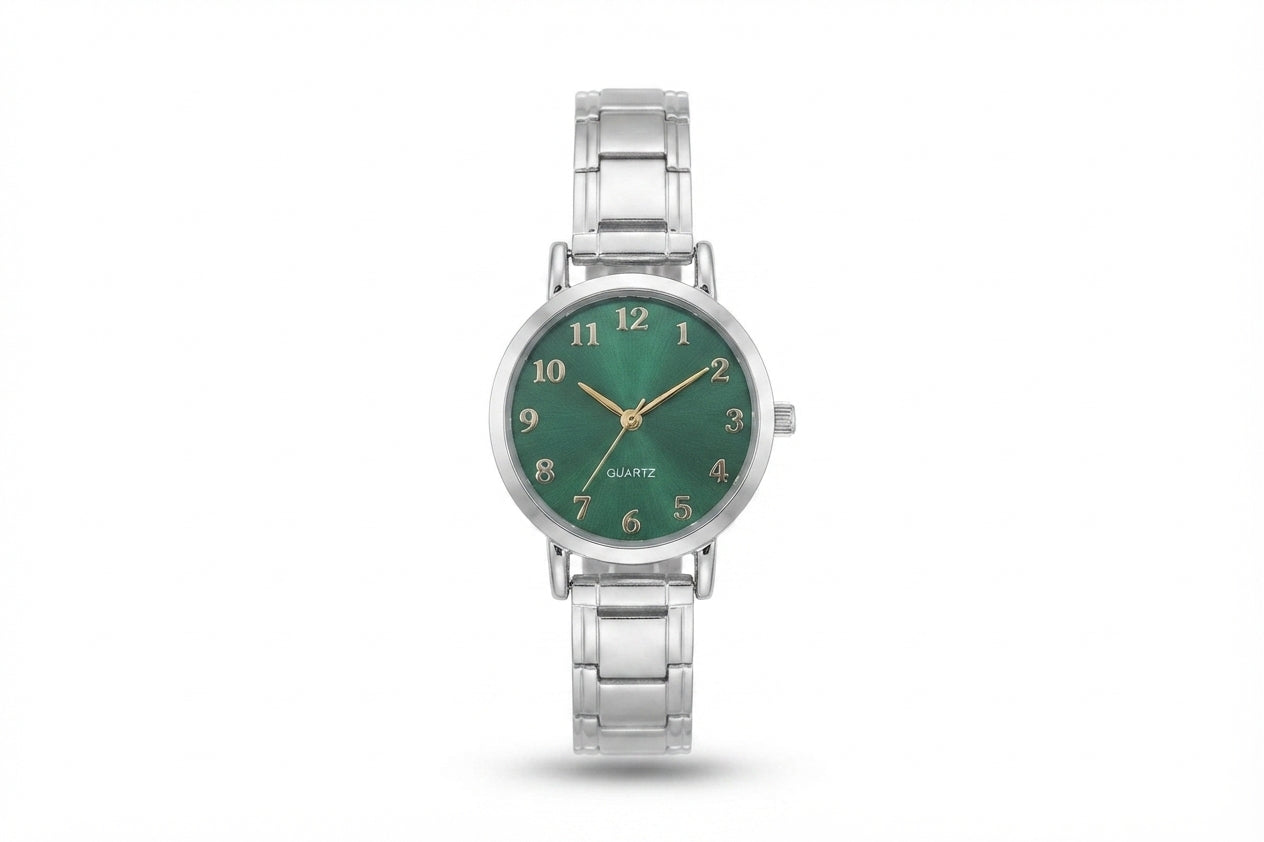 Silver Link Round Green Arabic Numeral Italian Watch