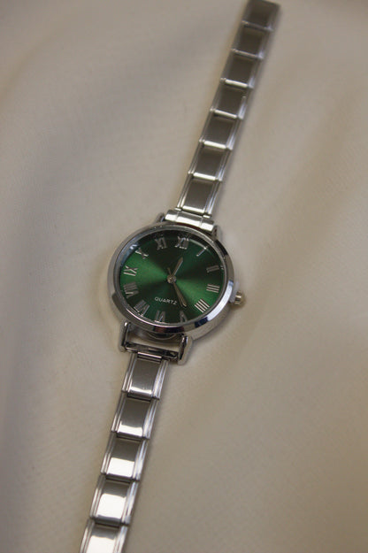 Silver Link Round Green Roman Numeral Italian Watch