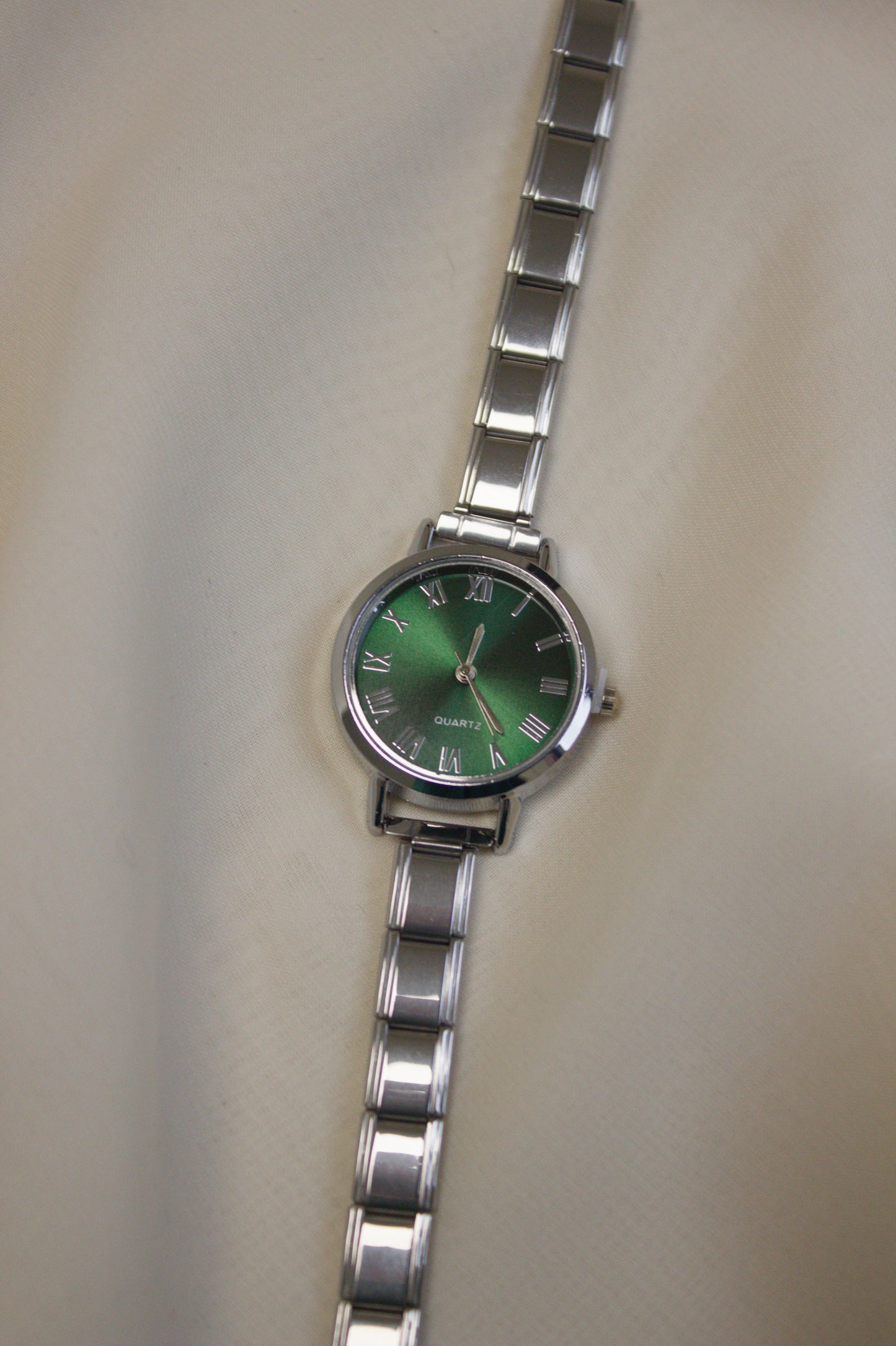 Silver Link Round Green Roman Numeral Italian Watch