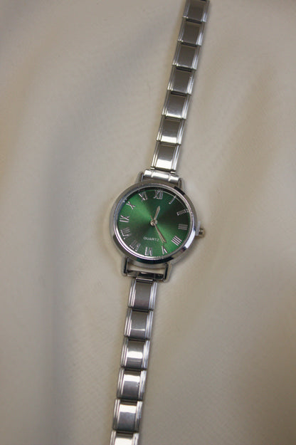 Silver Link Round Green Roman Numeral Italian Watch
