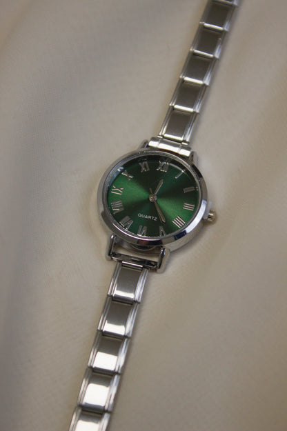 Silver Link Round Green Roman Numeral Italian Watch