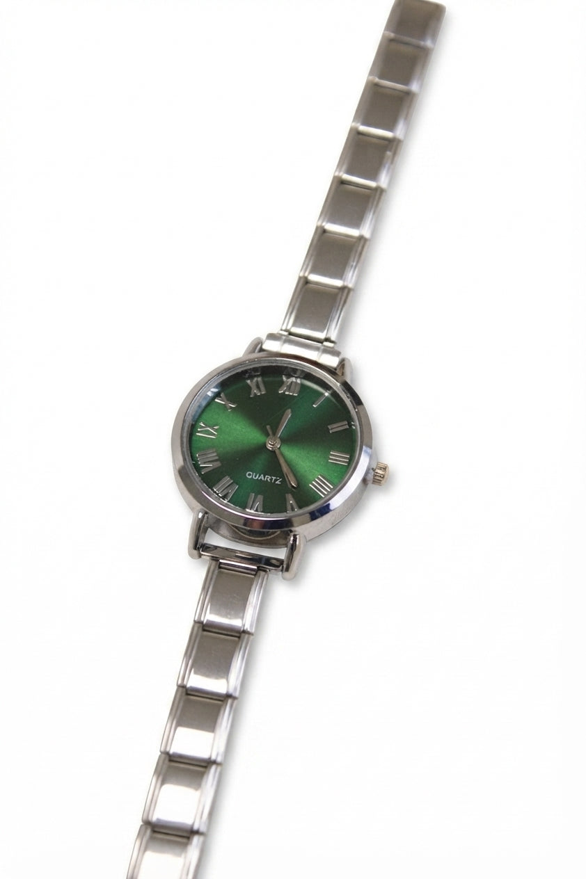 Silver Link Round Green Roman Numeral Italian Watch