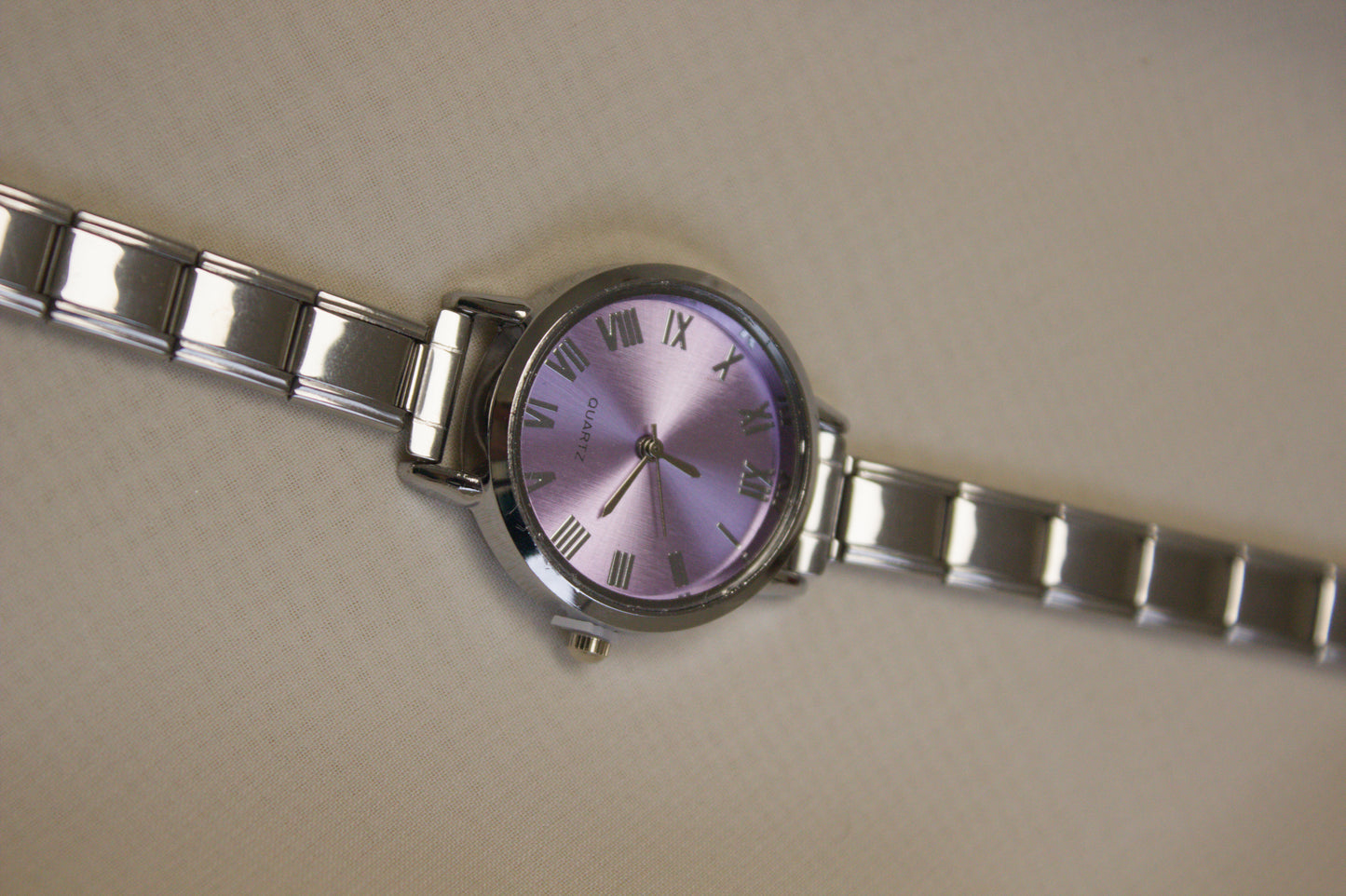 Silver Link Round Lavender Roman Numeral Italian Watch