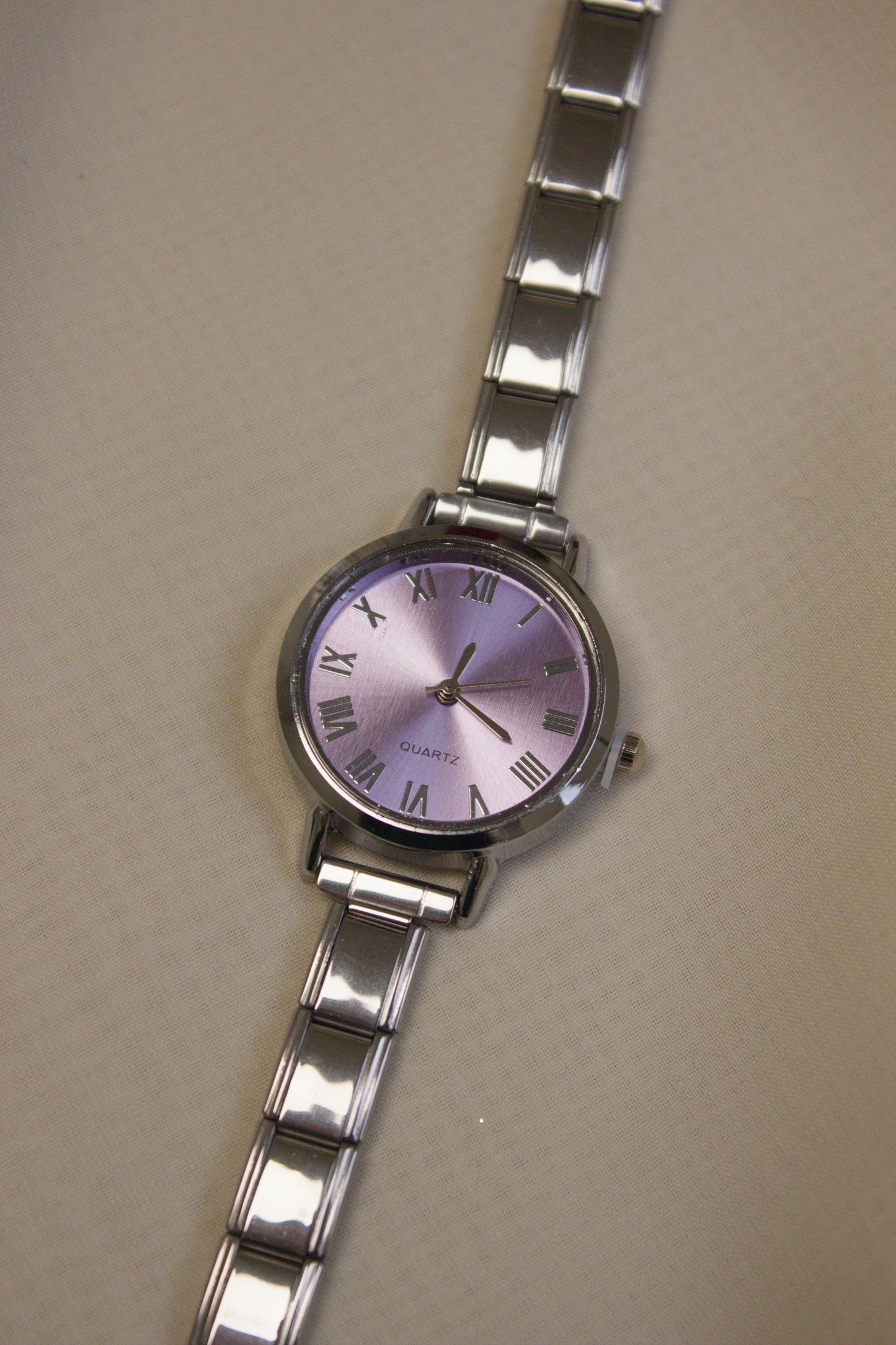 Silver Link Round Lavender Roman Numeral Italian Watch