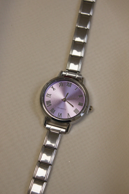 Silver Link Round Lavender Roman Numeral Italian Watch