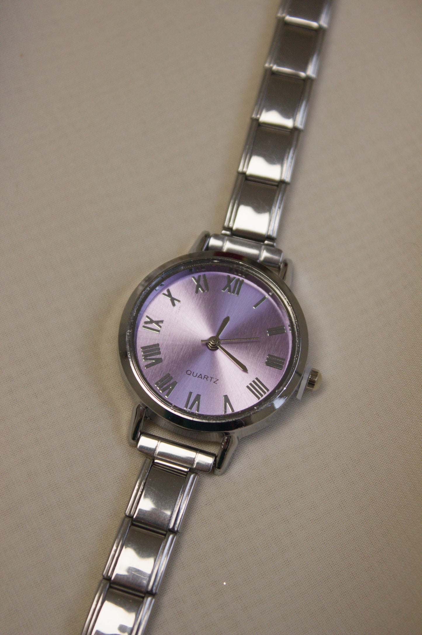 Silver Link Round Lavender Roman Numeral Italian Watch