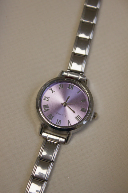Silver Link Round Lavender Roman Numeral Italian Watch