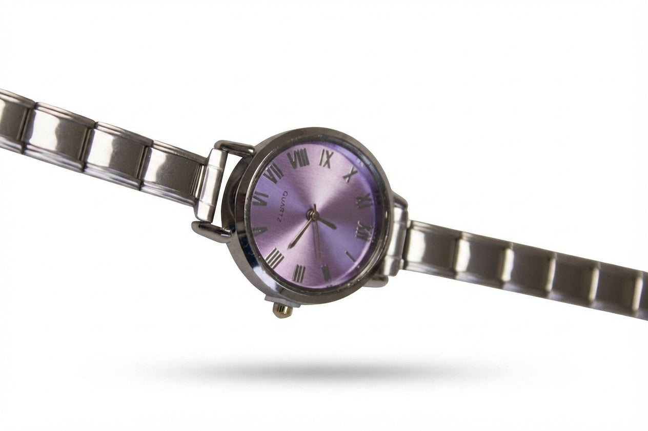 Silver Link Round Lavender Roman Numeral Italian Watch