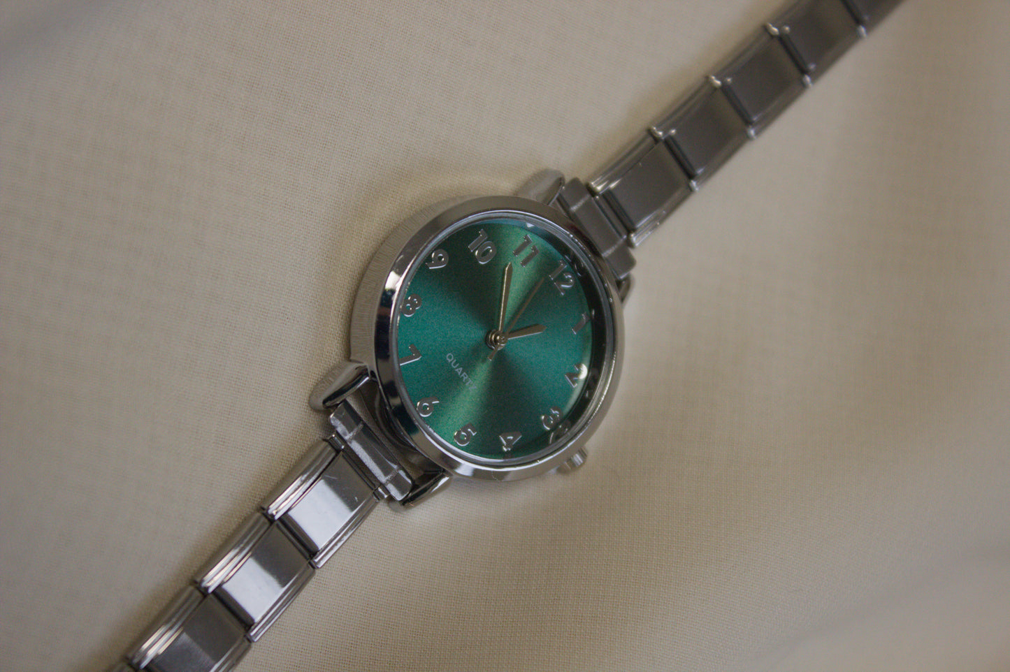 Silver Link Round Teal Crystal Marker Italian Watch
