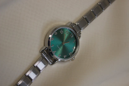 Silver Link Round Teal Crystal Marker Italian Watch