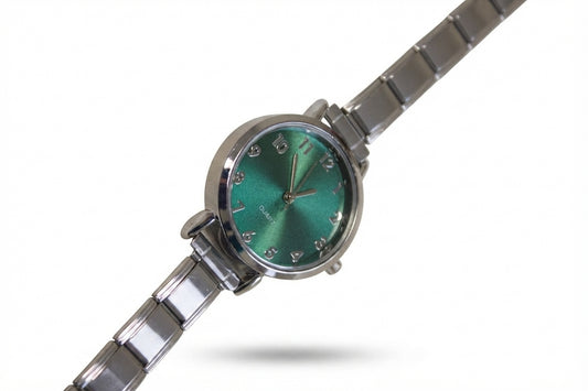 Silver Link Round Teal Crystal Marker Italian Watch