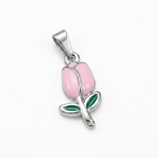Silver Pink Enamel Tulip Charm