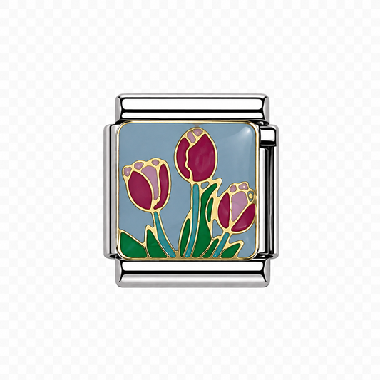 Three red tuplids blue background Italian Charm — Silver