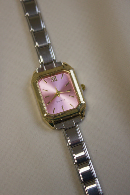 Two Tone Rectangular Pink Dial Italian Watch