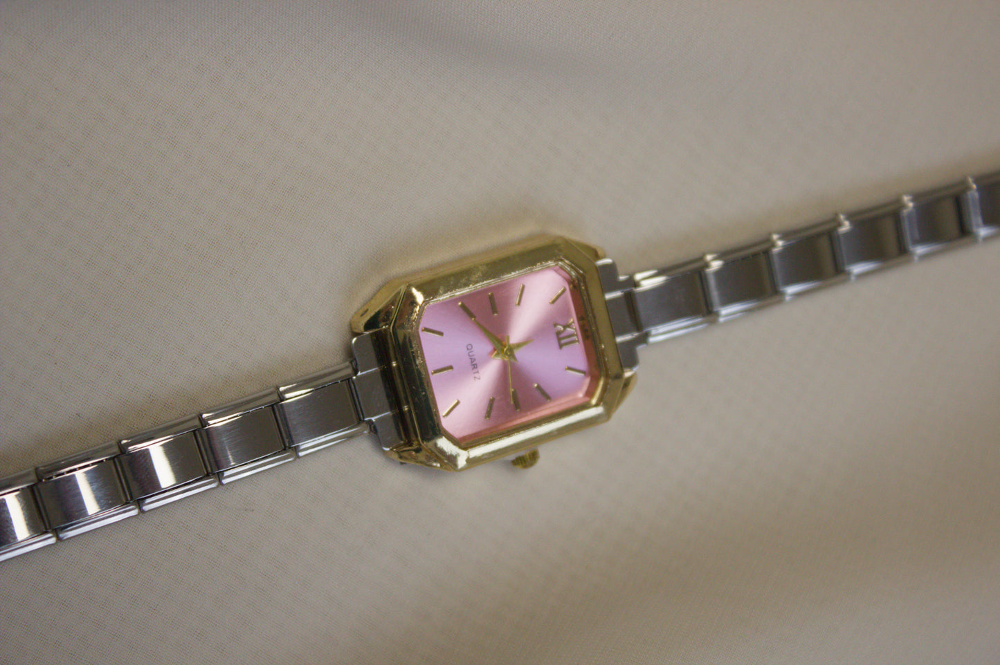 Two Tone Rectangular Pink Dial Italian Watch