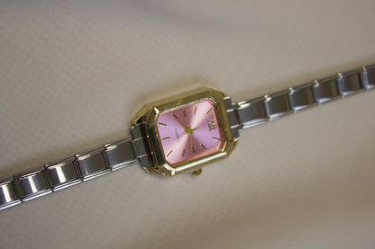 Two Tone Rectangular Pink Dial Italian Watch