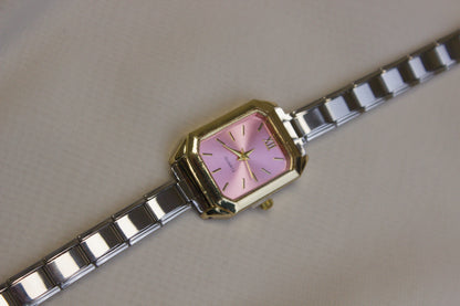 Two Tone Rectangular Pink Dial Italian Watch