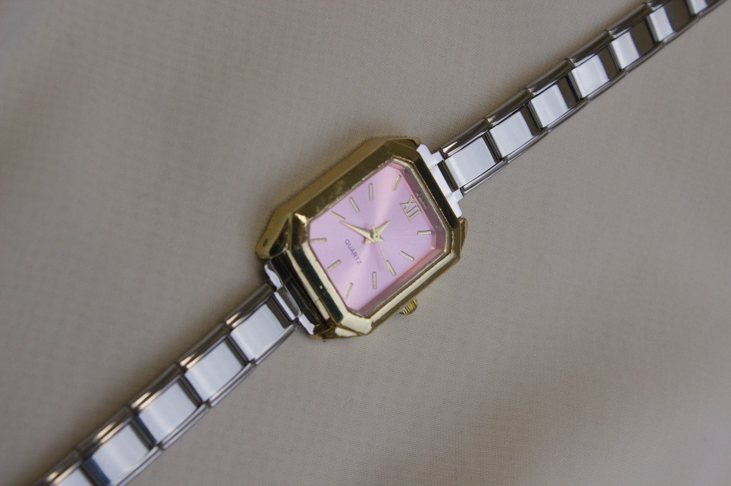 Two Tone Rectangular Pink Dial Italian Watch